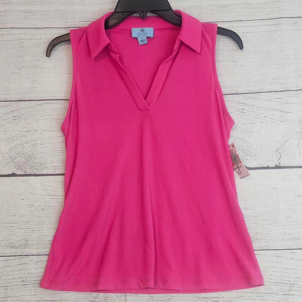 CeCe Size Small Hot Pink Collared V-Neck Tank Top Shirt NWT 1116